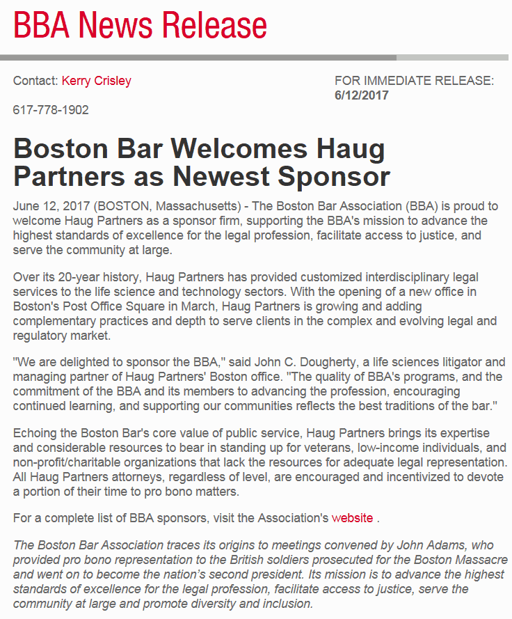 Haug Partners is Proud to Team Up with the Boston Bar Association